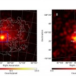 Riquadro A Mappa gamma  (sull’intero intervallo di energia coperto dalla missione Fermi) di una regione di 10x 10 gradi centrata sulla Grande Nube di Magellano. Il contorno bianco mostra la forma della galassia misurata dall’emissione dell’idrogeno neutro. Riquadro B  zoom nella regione di 2x2 gradi centrata su 30 Doradus, ottenuta selezionando solo i fotoni con energia superiore a 2 GeV. Due sorgenti, corrispondeti ai pulsar PSR J0540−6919 and PSR J0537−6910 emergono chiaramente.