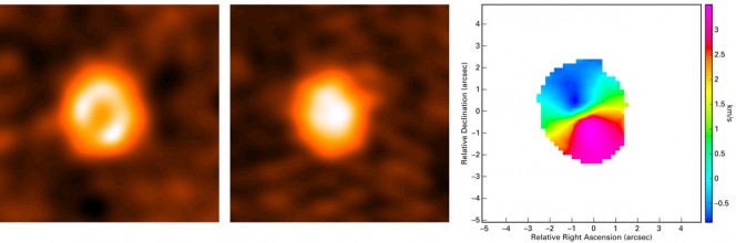 Nell’immagine ALMA a sinistra è mostrata l’emissione di freddi grani di polvere, disposti ad anello attorno la stella centrale; in quella di mezzo l’emissione del monossido di carbonio, che mostra come il gas si trovi anche più in prossimità della stella rispetto alla polvere. L’immagine a destra rappresenta la velocità del gas: le parti blu del disco muovono verso di noi, mentre quelle rosse si allontanano. Crediti: Á. Kóspál (ESA), A. Moór (Konkoly Observatory)