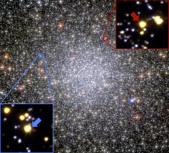  I riquadri evidenziano due delle stelle "pesate" dal team di ricercatori all’interno dell’ammasso 47 Tucanae